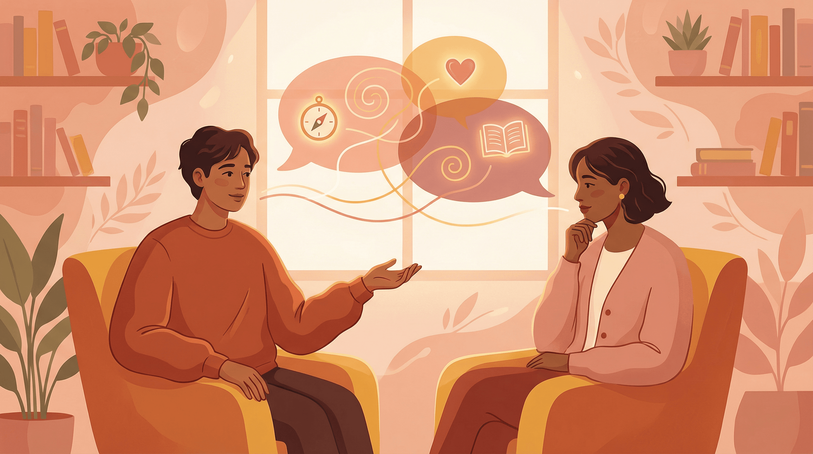 Praticando a curiosidade: duas pessoas conversando com interesse genuíno e troca de perspectivas